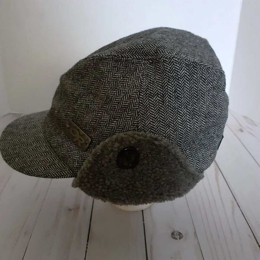 Outdoor Research Fleece Lined Wool Blend Herringbone Earflap Cap Black Size S